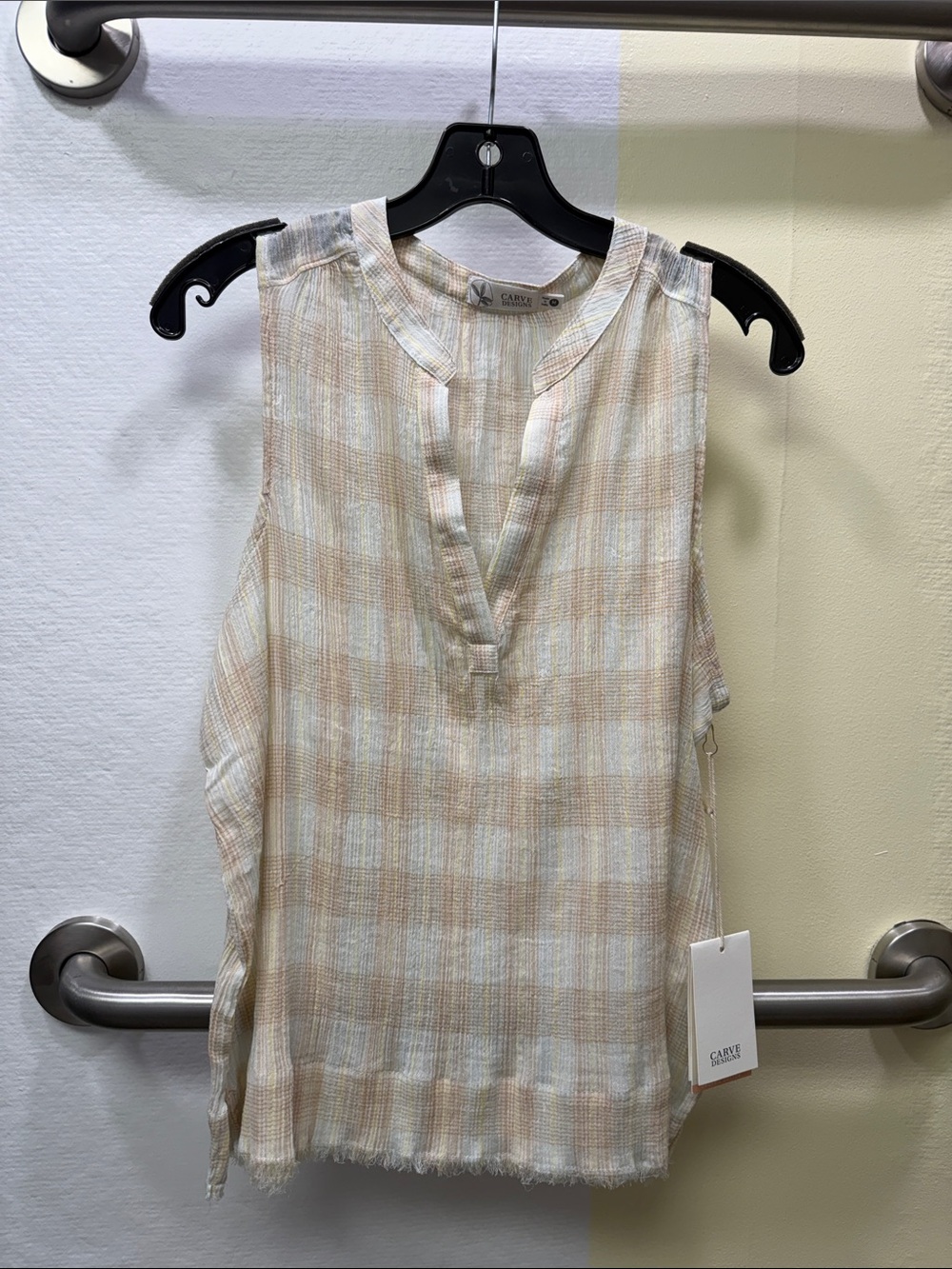 Carve Designs Beige and White Plaid Sleeveless V-Neck Camisole